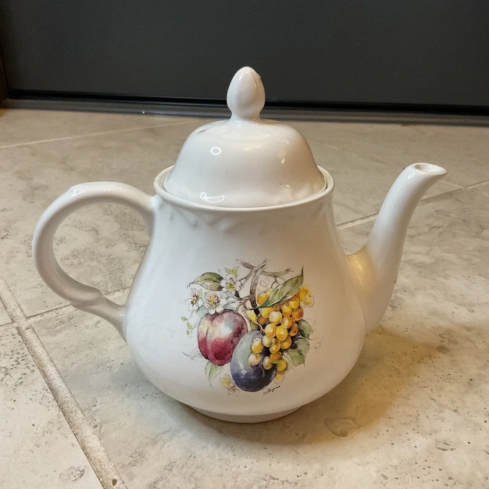 Arthur Wood & Son Staffordshire England Fruit Teapot 6420 Plum Cherry Pear White